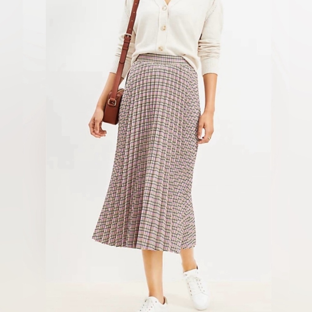 Loft Plaid Pleated Midi Skirt